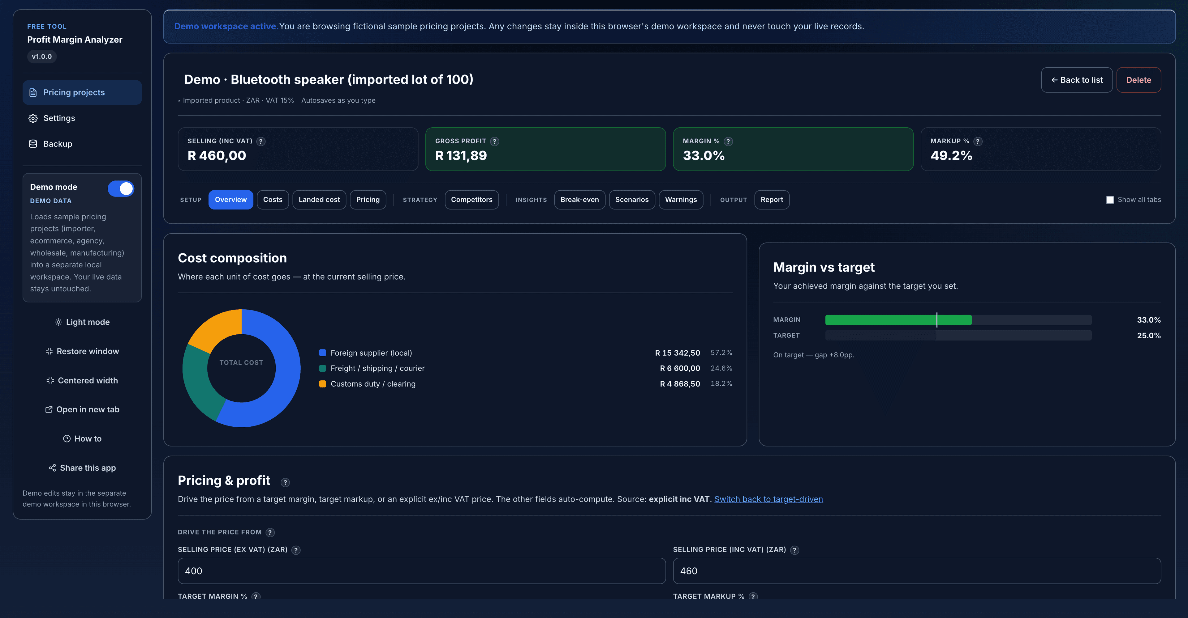 Free profit margin calculator showing the gap between markup and true margin.