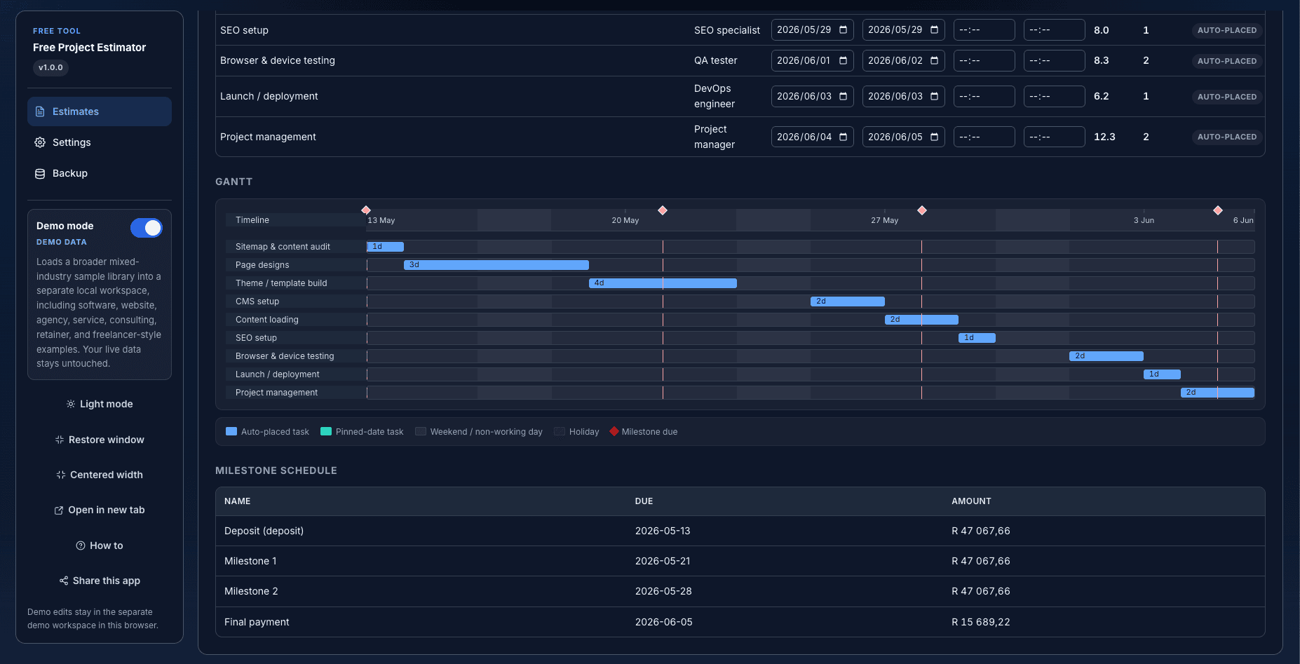 Free Project Estimator — Gantt-style timeline with auto-placed tasks and milestone schedule