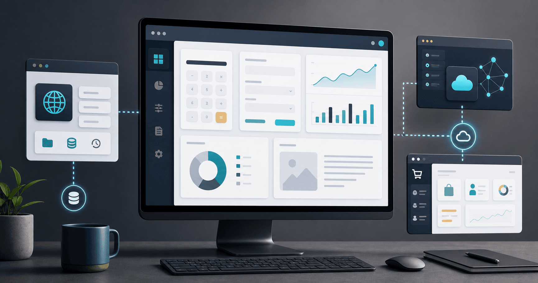 Business single page app interface showing browser-only, API-connected and embedded app panels