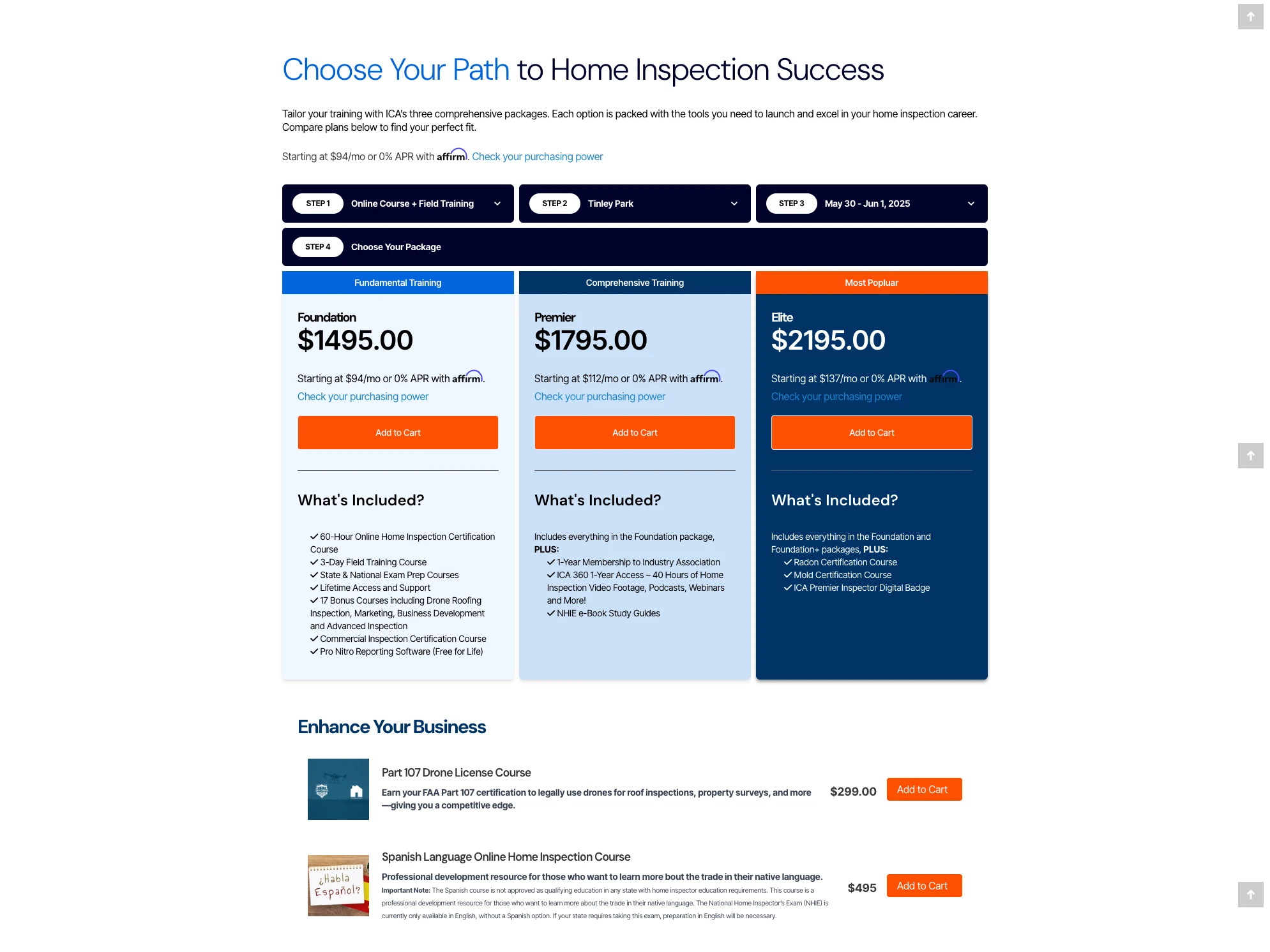 ICA course selector screen showing three training packages with a choose your path headline
