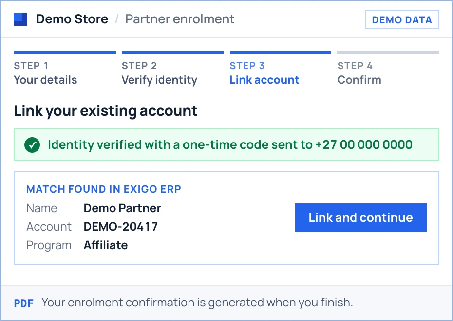 Demo recreation of the enrolment step that links a verified customer to their ERP account