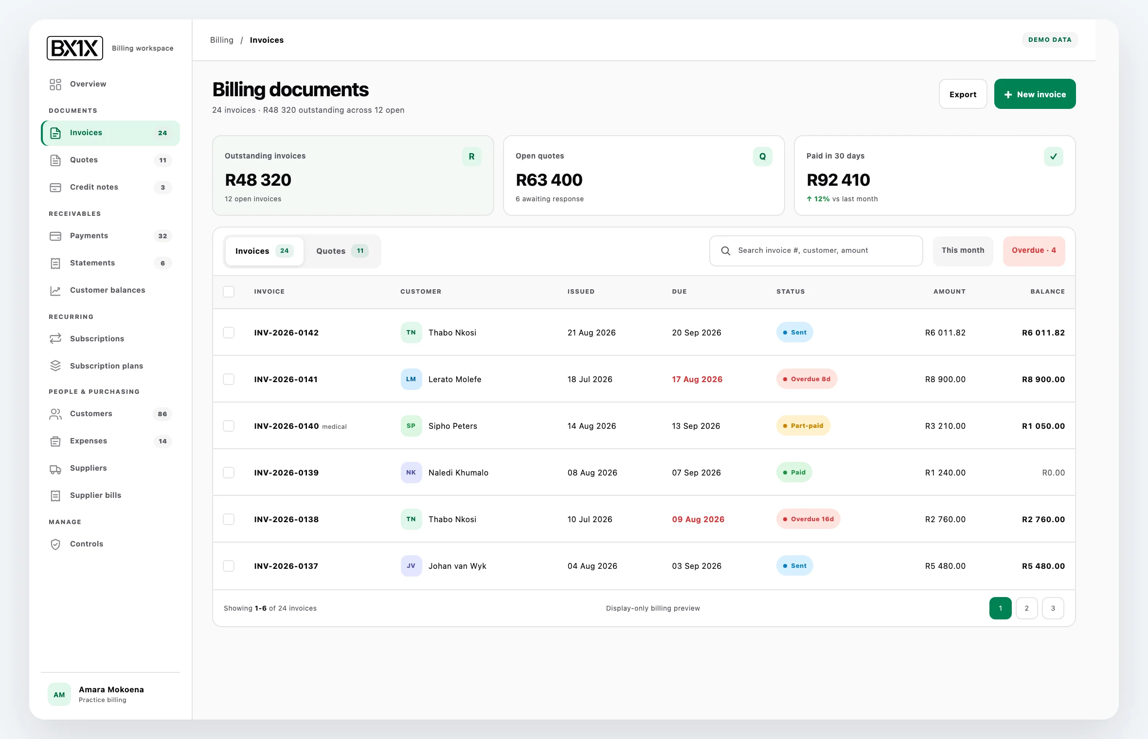 BX1X billing documents list: quotes, invoices and credit notes with their status