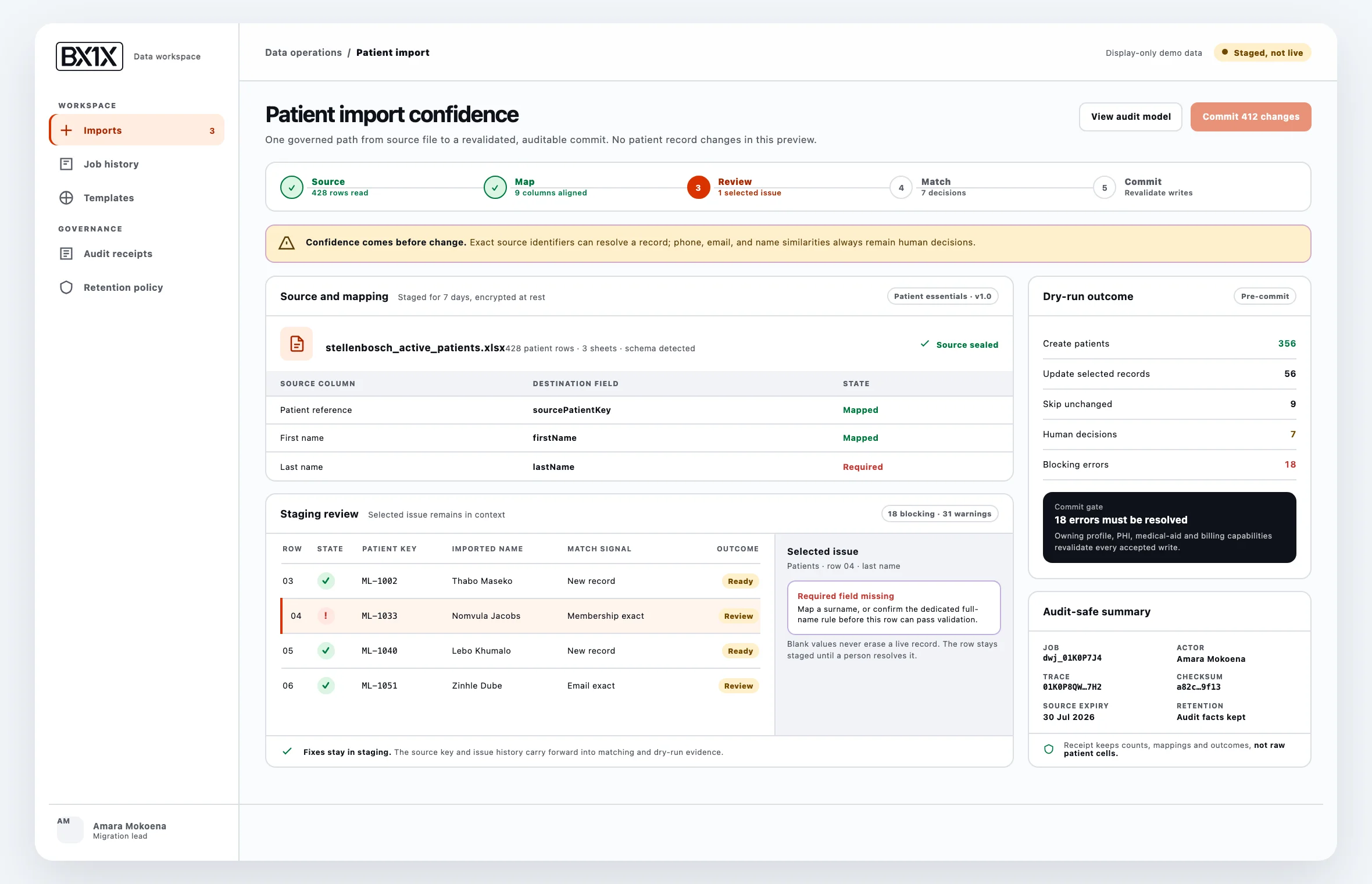 A data import screen that checks each record before it enters the system