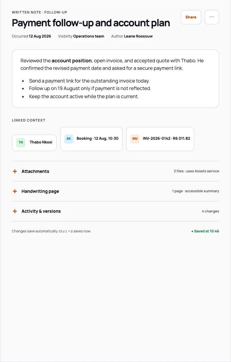 A customer record workspace with connected history and actions