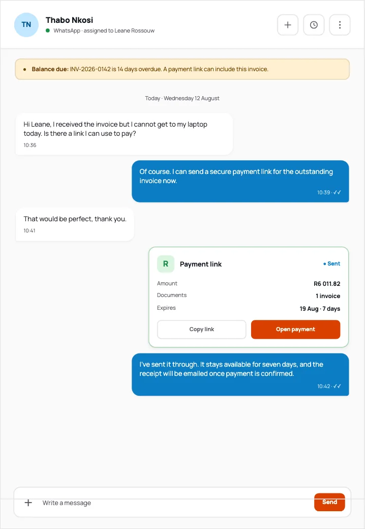 A WhatsApp conversation where an overdue invoice is paid through a secure payment link