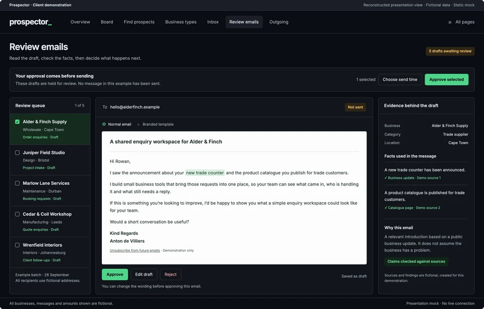 Prospector review queue: drafted emails waiting for a person to approve them