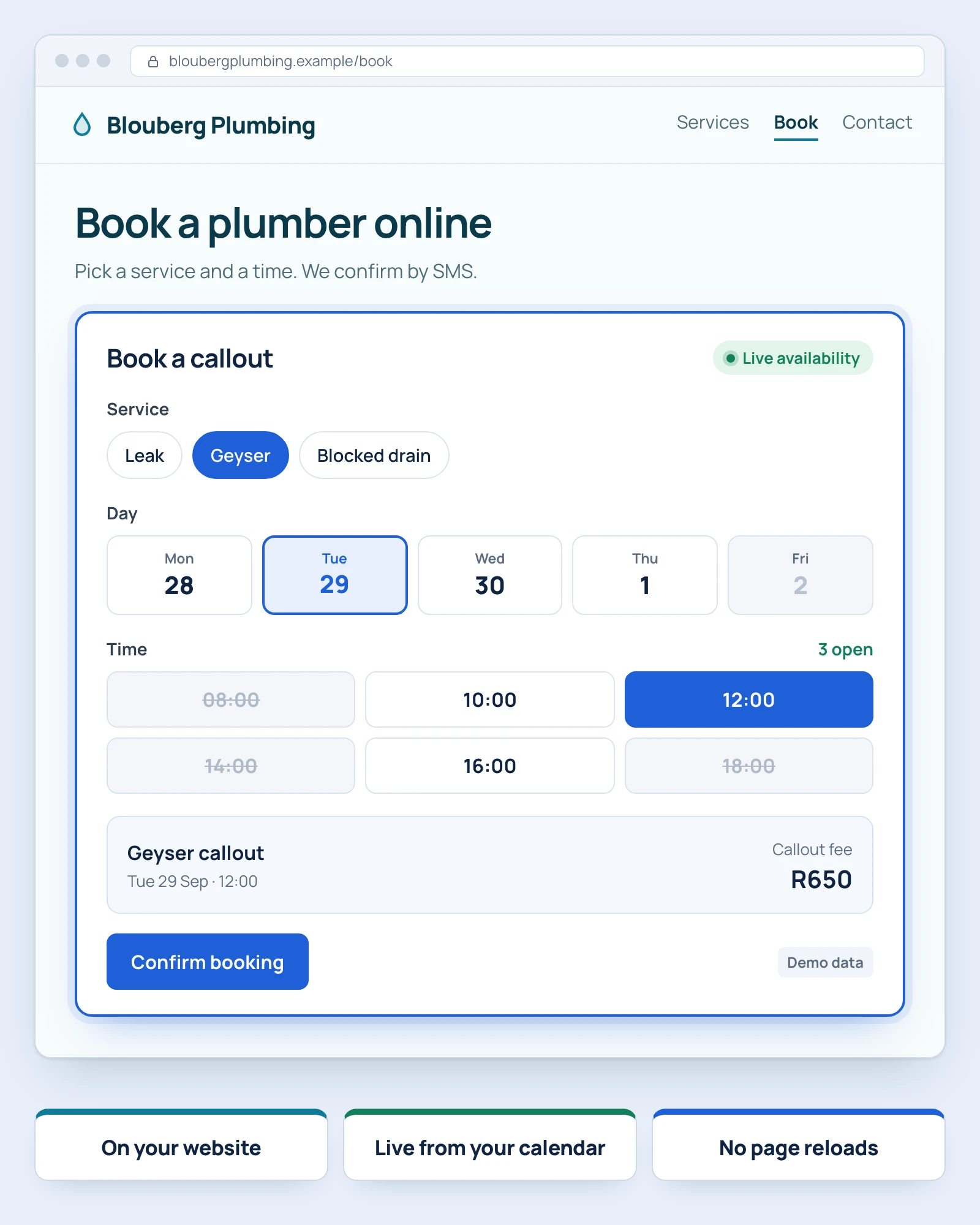 A plumbing company website page with a booking app embedded in it, showing live available time slots and a callout fee, with demo data