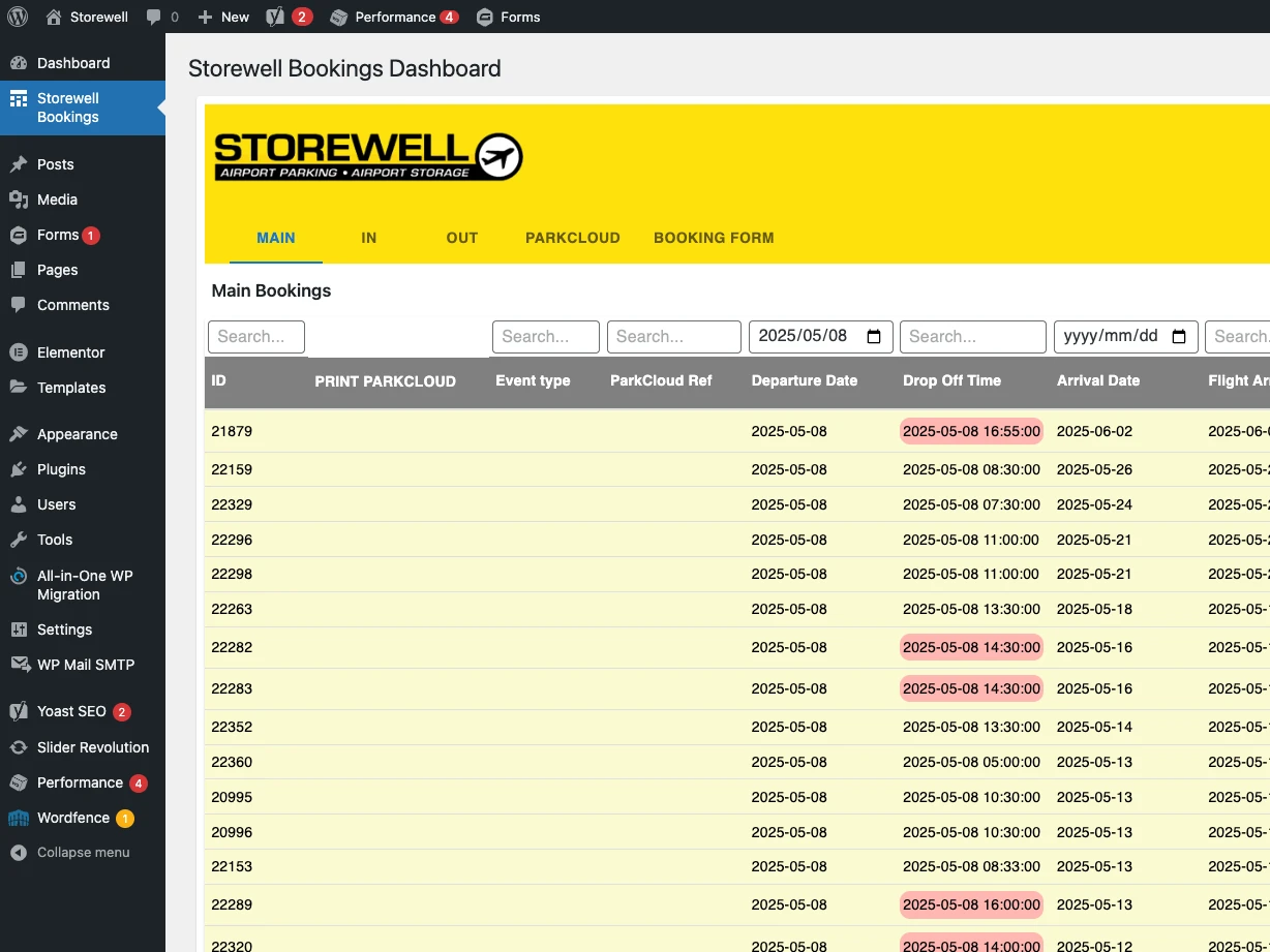 A parking booking dashboard added inside the WordPress admin area, listing bookings with departure and arrival dates
