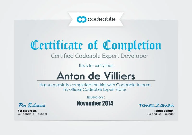 Codeable Certificate of Completion, Certified Codeable Expert Developer, Anton de Villiers, November 2014