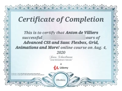 Udemy advanced CSS and Sass course certificate