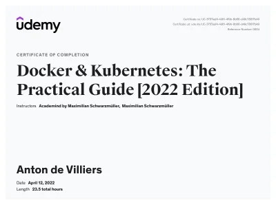 Udemy Docker and Kubernetes course certificate