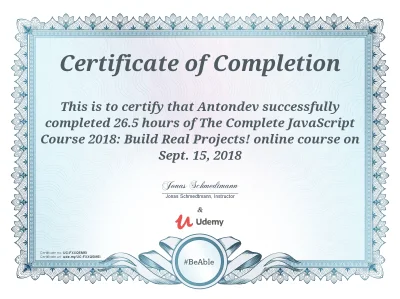 Udemy JavaScript course certificate