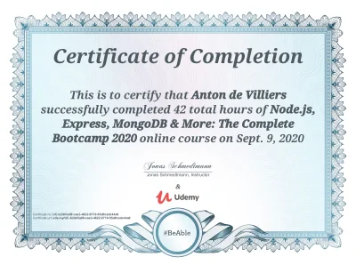 Udemy Node.js, Express and MongoDB course certificate