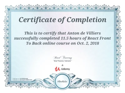Udemy React course certificate