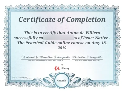 Udemy React Native course certificate