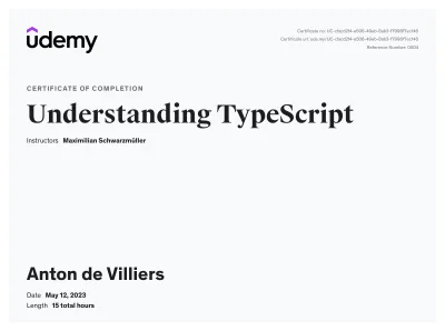Udemy Understanding TypeScript course certificate