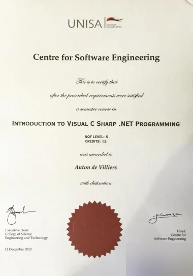 Unisa certificate: Introduction to Visual C Sharp .NET Programming, awarded with distinction