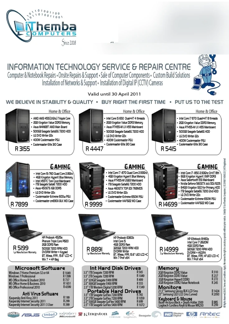 An iThemba Computers price flyer listing custom-built PCs and notebooks