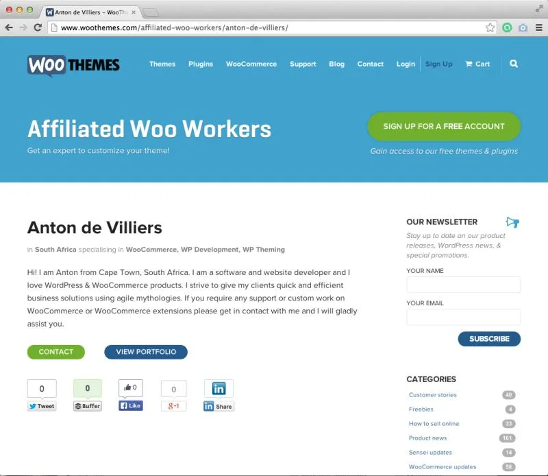 Anton de Villiers's profile on the WooThemes Affiliated Woo Workers page