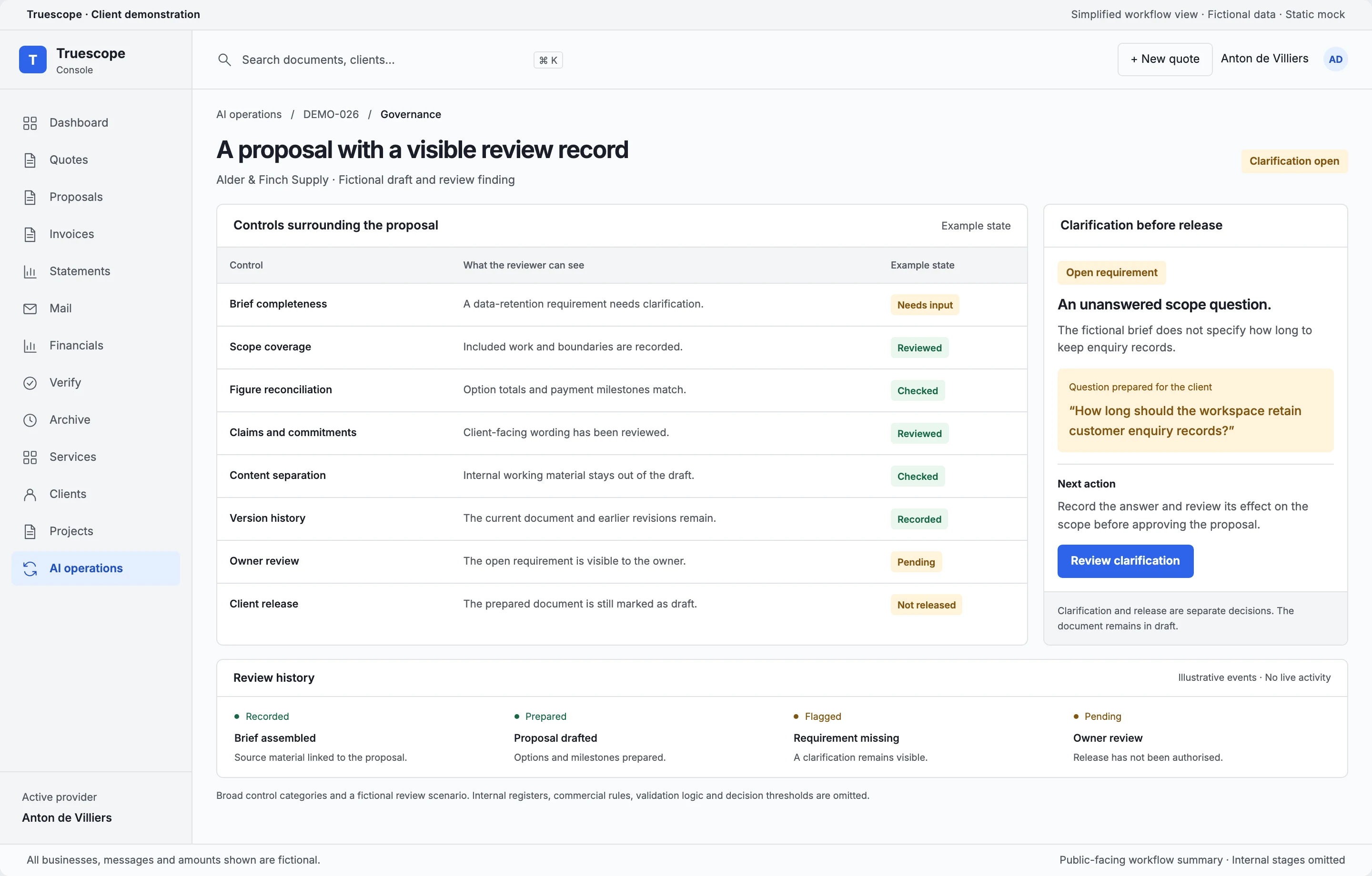 Truescope governance mockup showing eight review controls, an unanswered scope question blocking release and a review history